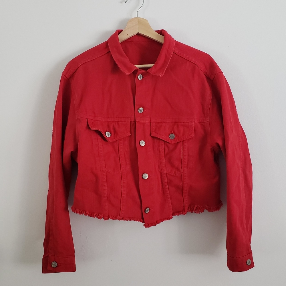 Brandy Melville John Galt Red Denim Crop Jacket